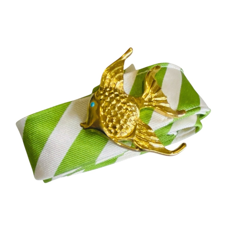 🐠 J.Crew Green & White Striped Silk Belt Angel Fish Gold Rhinestone Buckle Sz L